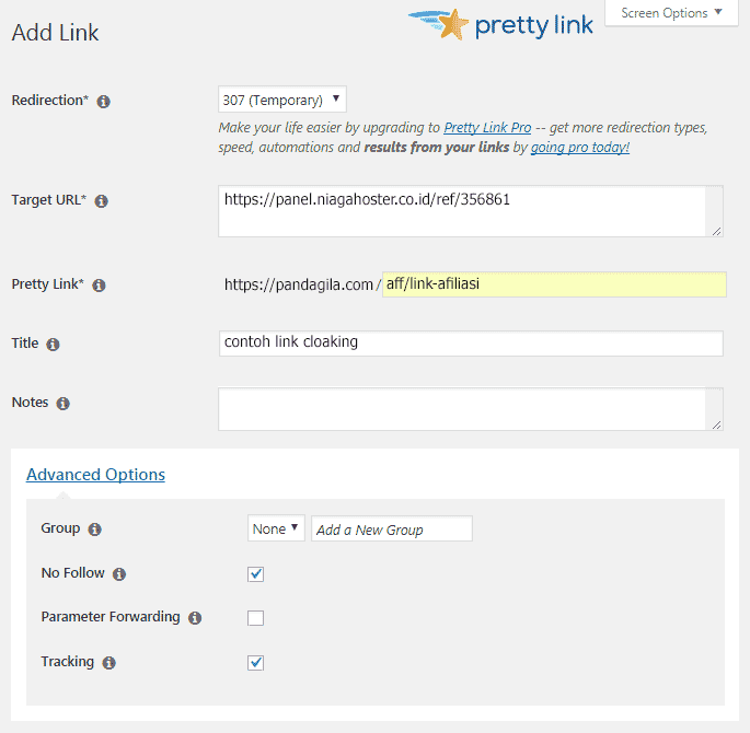 Menambah link Pretty Links