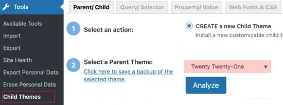 Menentukan induk tema di Child Theme Configurator’